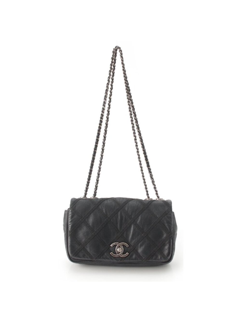 Chanel Leather Wild Stitch Full Flap Chain Shoulder Bag Black